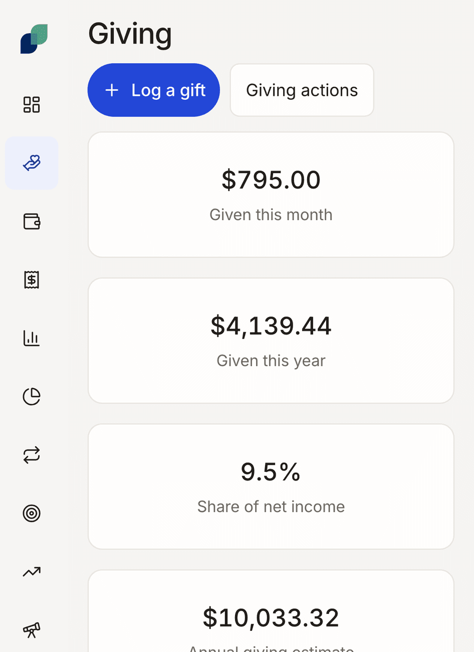 Sample household Giving screen with monthly and annual giving totals