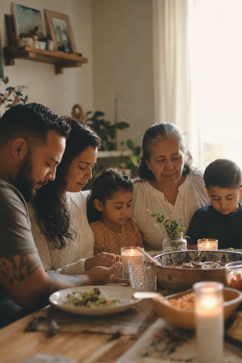 A family pausing in gratitude around the dinner table