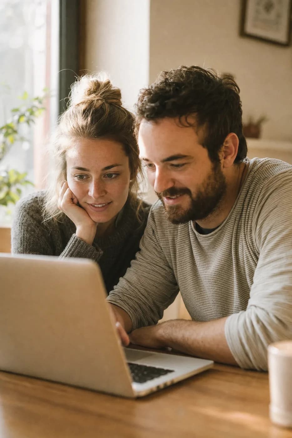 A married couple reviewing their budget together at the kitchen table