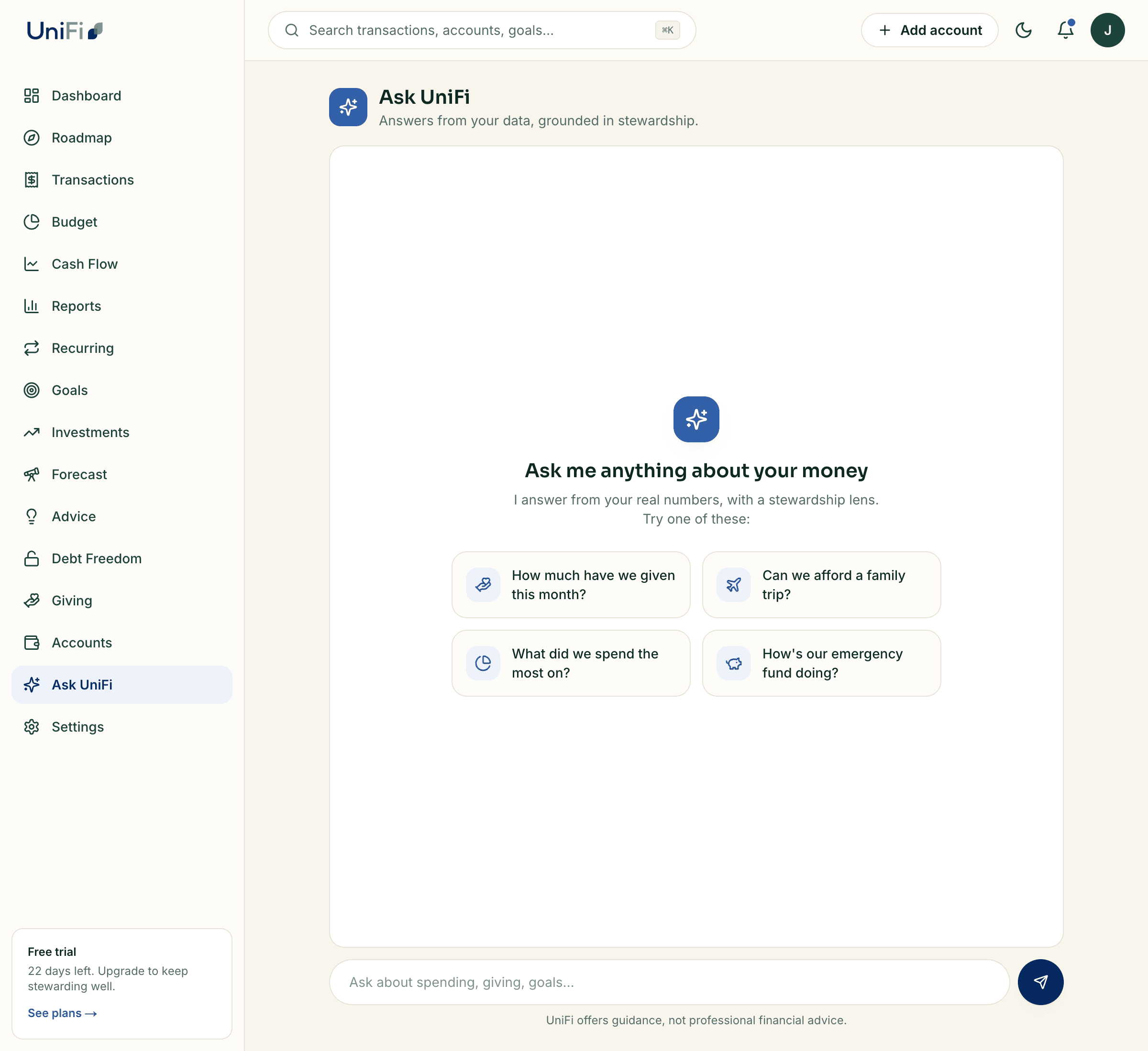 Ask UniFi — a built-in assistant that answers money questions from your real numbers