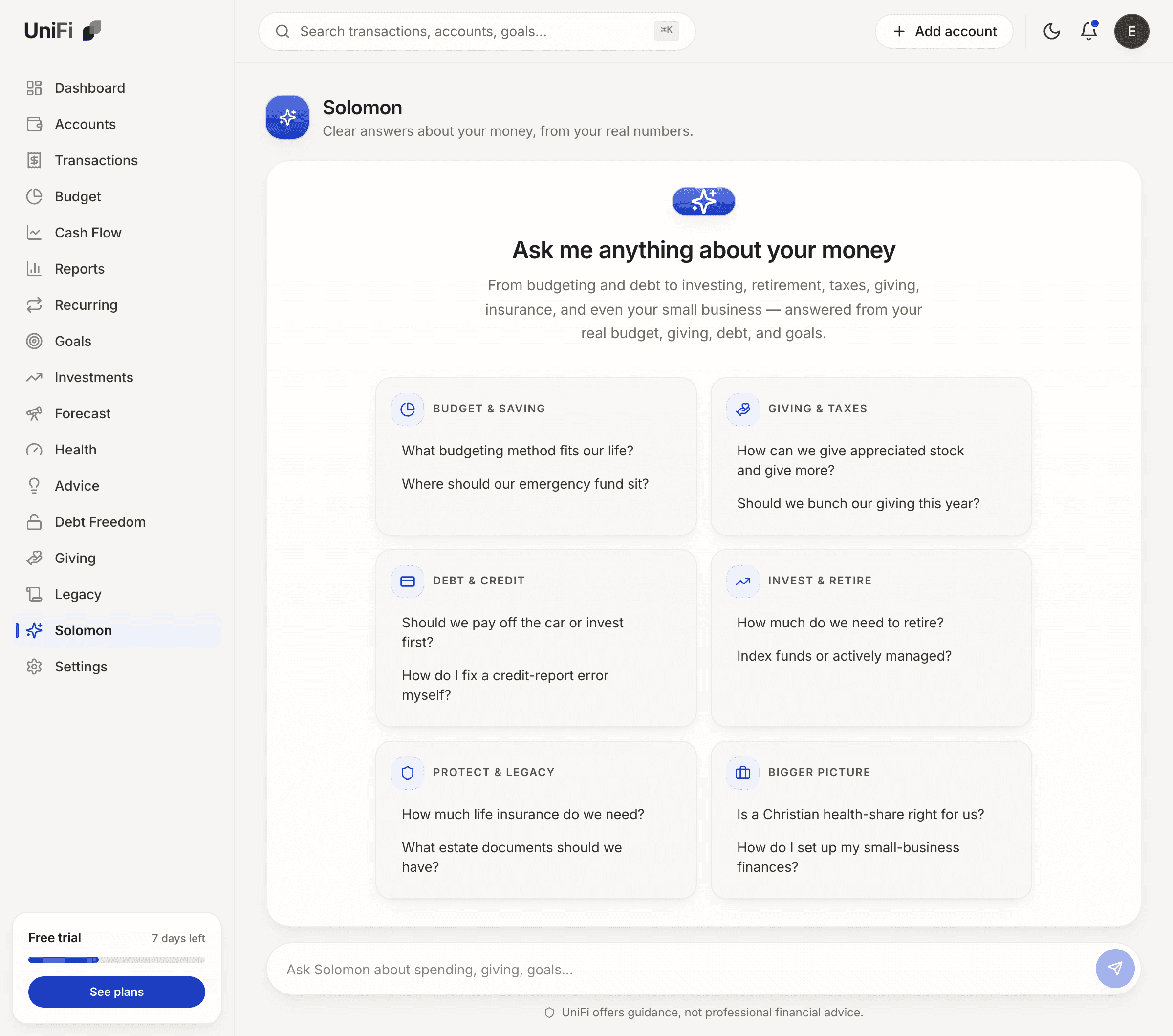 Solomon — UniFi's built-in financial counsel, answering from your real numbers