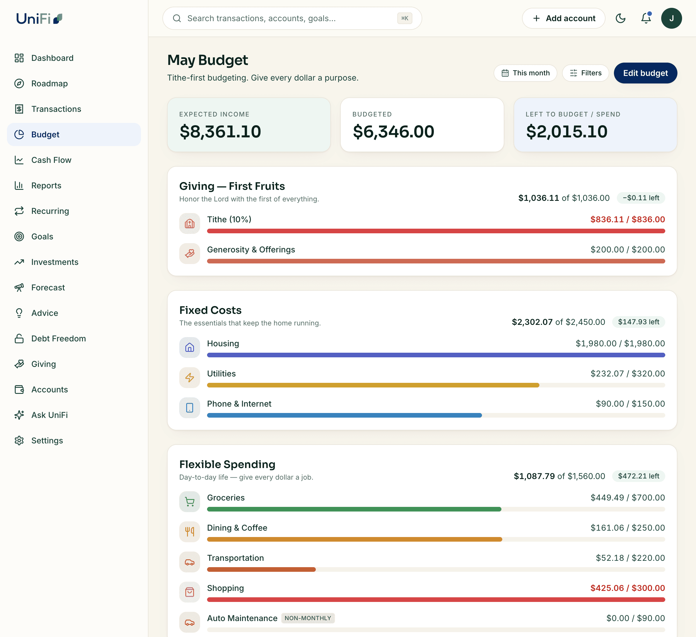UniFi's tithe-first budget — giving, fixed costs, and flexible spending tracked in one view