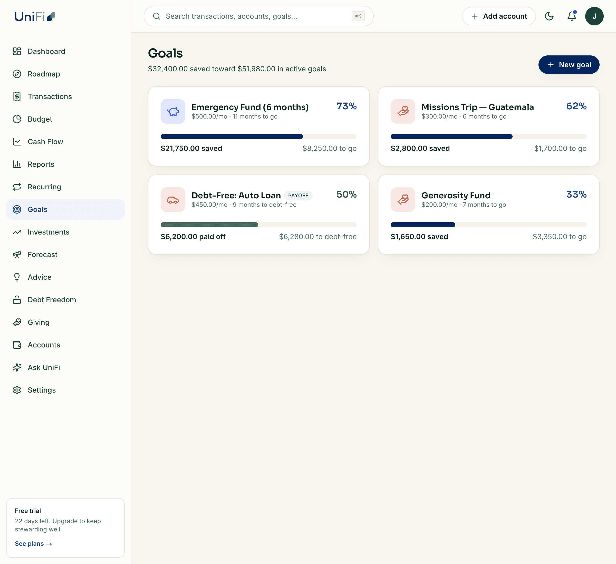 UniFi goals — emergency fund, missions trip, debt payoff, and generosity fund progress
