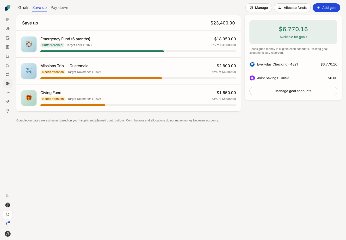 UniFi goals — emergency fund, missions trip, debt payoff, and giving